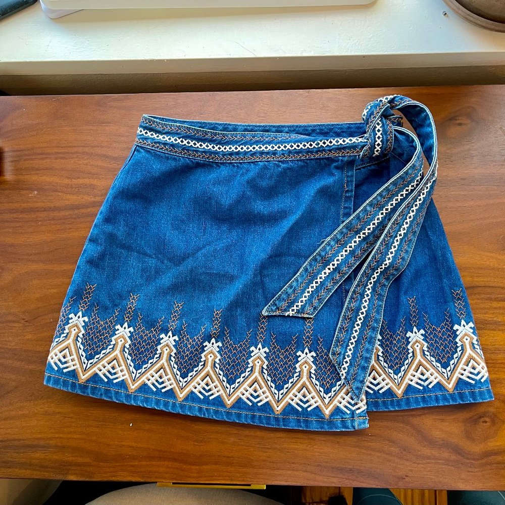 NWOT FP | A-Line Wrap Embroidered Jean Skirt Sz 4